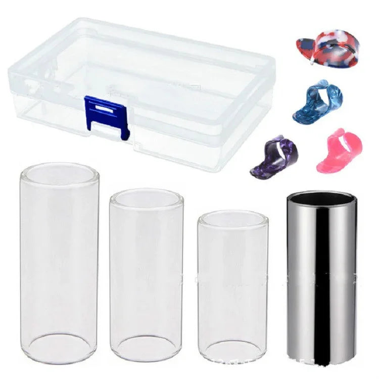 ชุด 4-in-1 ประกอบด้วย แถบเลื่อน Plexiglass + แถบเลื่อนสแตนเลส + ปิ๊กนิ้วกีตาร์เซลลูลอยด์ + กล่องพลาสติก, แถบเลื่อน Plexiglass