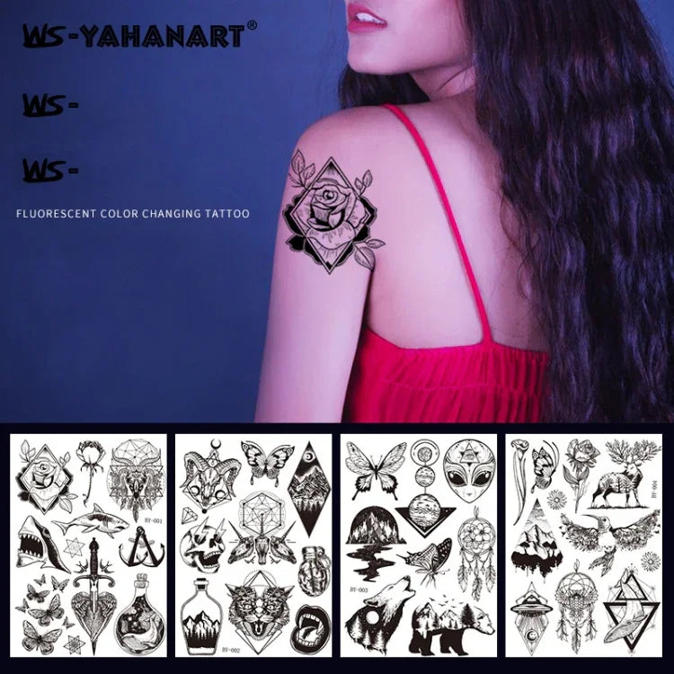 สติ๊กเกอร์รอยสักแขนลายดอกไม้เรืองแสงเปลี่ยนสี 10 ชิ้น กันน้ำ สำหรับผู้ใหญ่ BY-001, BY-002, BY-003, BY-004, BY-005, BY-006, BY-007, BY-008