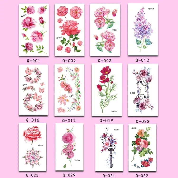 สติ๊กเกอร์รอยสักดอกไม้เล็กสดใส 50 ชิ้น ลายกุหลาบ กันน้ำ ติดทนนาน สำหรับแขน, Q-001, Q-002, Q-003, Q-012, Q-016, Q-017, Q-019, Q-022, Q-025, Q-029, Q-031, Q-032