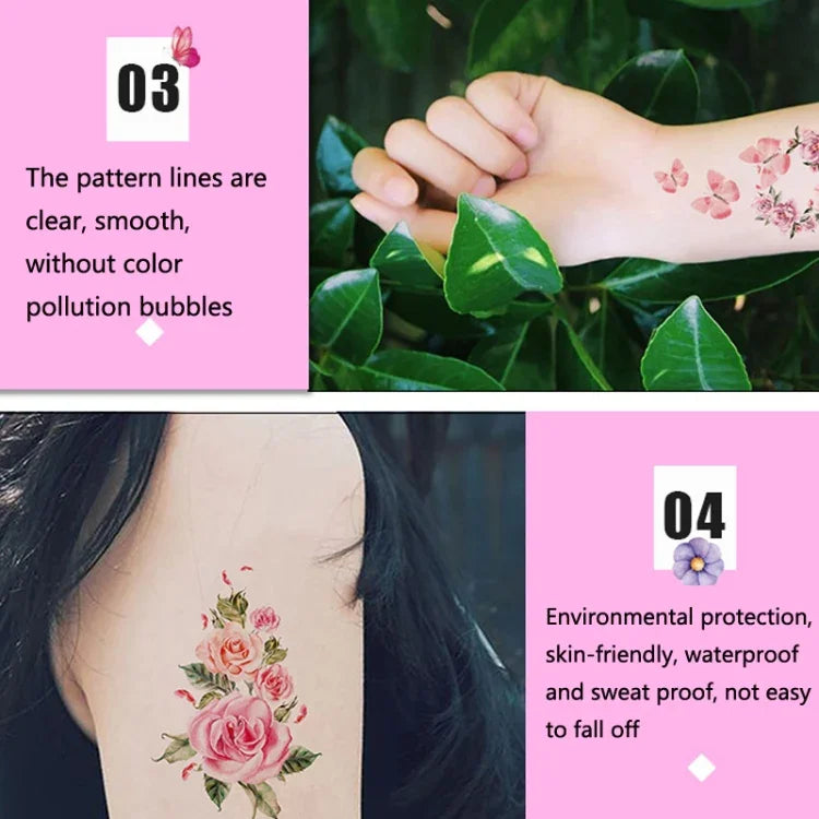 สติ๊กเกอร์รอยสักดอกไม้เล็กสดใส 50 ชิ้น ลายกุหลาบ กันน้ำ ติดทนนาน สำหรับแขน, Q-001, Q-002, Q-003, Q-012, Q-016, Q-017, Q-019, Q-022, Q-025, Q-029, Q-031, Q-032