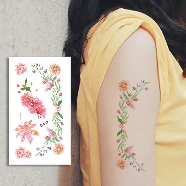สติ๊กเกอร์รอยสักดอกไม้เล็กสดใส 50 ชิ้น ลายกุหลาบ กันน้ำ ติดทนนาน สำหรับแขน, Q-001, Q-002, Q-003, Q-012, Q-016, Q-017, Q-019, Q-022, Q-025, Q-029, Q-031, Q-032