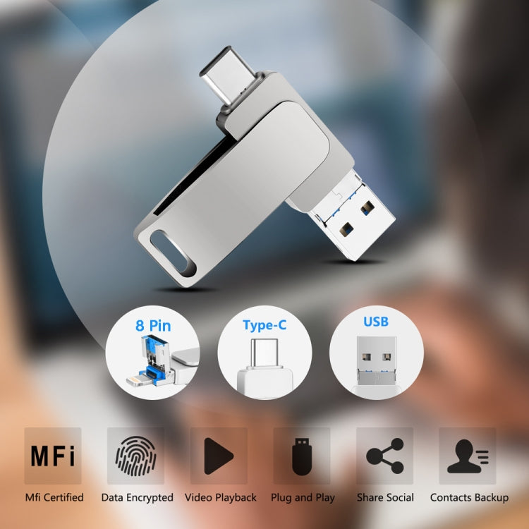 USB 3.0 + 8 พิน + USB-C / Type-C 3-in-1 แฟลชไดรฟ์โลหะหมุนได้ สำหรับโทรศัพท์และคอมพิวเตอร์, 32GB, 16GB, 64GB