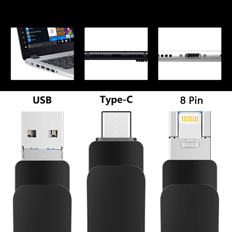 USB 3.0 + 8 พิน + USB-C / Type-C 3-in-1 แฟลชไดรฟ์โลหะสำหรับมือถือและคอมพิวเตอร์, 8GB, 16GB, 32GB, 64GB