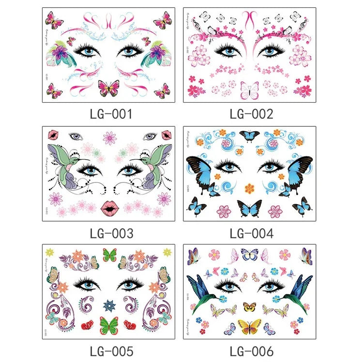 สติ๊กเกอร์รอยสักกลิตเตอร์กันน้ำสำหรับเทศกาลดนตรี 10 ชิ้น, LG-001, LG-002, LG-003, LG-004, LG-005, LG-006