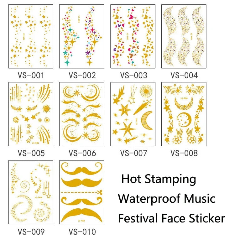 10 ชิ้น สติ๊กเกอร์รอยสักหน้าเทศกาลดนตรีแบบปั๊มร้อนกันน้ำ, VS-001, VS-002, VS-003, VS-004, VS-005, VS-006, VS-007, VS-008, VS-009, VS-010