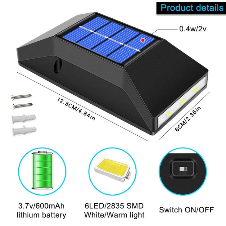 ไฟผนังโซลาร์เซลล์กันน้ำตกแต่งกลางแจ้ง, สเปค:, 6 หลอด LED แสงขาว, 6 หลอด LED แสงอุ่น