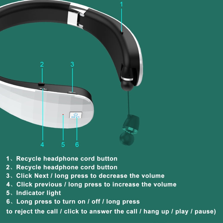 หูฟัง Bluetooth แบบพับได้คล้องคอ ปรับความยาวได้, สีดำ, สีขาว