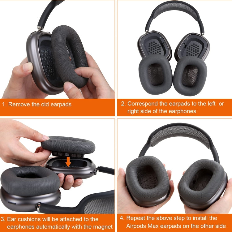 แผ่นรองหูโฟม 2 ชิ้น สำหรับ AirPods Max, หนังโปรตีนสีเทาอ่อน, หนังโปรตีนสีน้ำเงิน, หนังโปรตีนสีชมพู, หนังโปรตีนสีเขียว, ตาข่ายสีเทาเข้ม, ตาข่ายสีเทาอ่อน, ตาข่ายสีชมพู