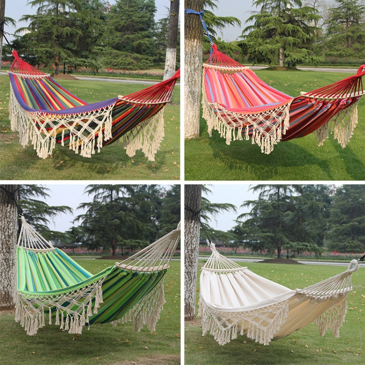 เปลผ้าใบมีพู่ขนาด 200x150 ซม. สำหรับตั้งแคมป์กลางแจ้ง พร้อมไม้, ลายทางสีสัน, ลายทางสีชมพู, สีขาว