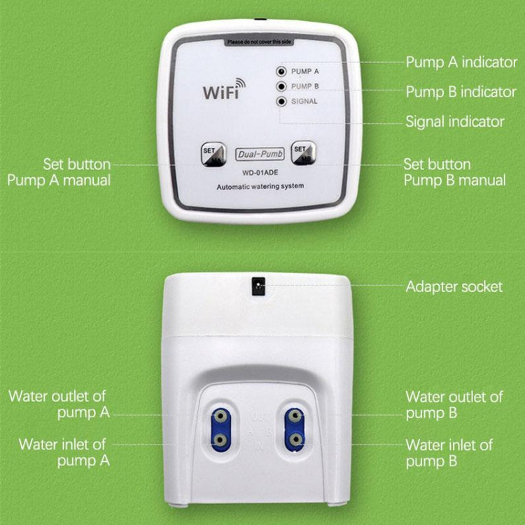 เครื่องควบคุมระบบน้ำหยดสวน WIFI รุ่น WD-01ADE, ปั๊มคู่ 15 กระถาง, ปั๊มคู่ 20 กระถาง