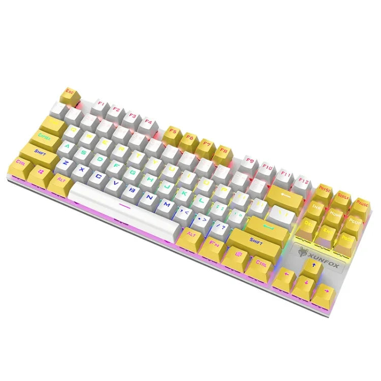 แป้นพิมพ์เกมกลไกมีสาย XUNFOX K80 87 ปุ่ม มีไฟ, ความยาวสาย: 1.5 ม., สีขาวเหลือง, สีดำเทา, สีชมพูขาว, สีน้ำเงินขาว, ขาวน้ำเงิน, เหลืองขาว, เทาดำ