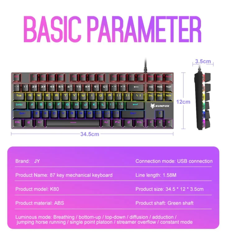 XUNFOX K80 87 Keys Wired Gaming Mechanical Illuminated Keyboard, Cable Length:1.5m, White Yellow, Black Gray, Pink White, Blue White, White Blue, Yellow White, Gray Black