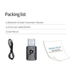 เครื่องส่งสัญญาณบลูทูธ 5.0 ตัวรับ AUX USB อะแดปเตอร์เสียงคอมพิวเตอร์เอาต์พุตคู่, M136