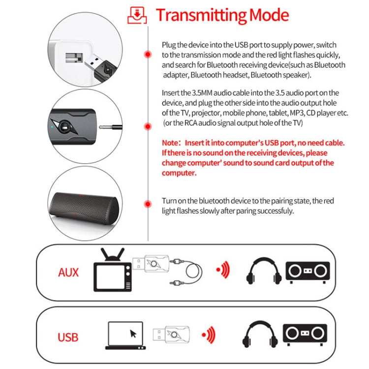 เครื่องส่งสัญญาณบลูทูธ 5.0 ตัวรับ AUX USB อะแดปเตอร์เสียงคอมพิวเตอร์เอาต์พุตคู่, M136