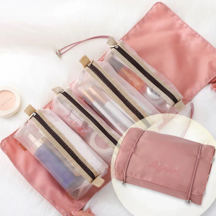 กระเป๋าเครื่องสำอางตาข่ายกันน้ำแบบพกพาสำหรับผู้หญิง 4 ใน 1 สีแดง สีเขียว สีดำ สีม่วง สีเขียวทหาร สีชมพูเชอร์รี่