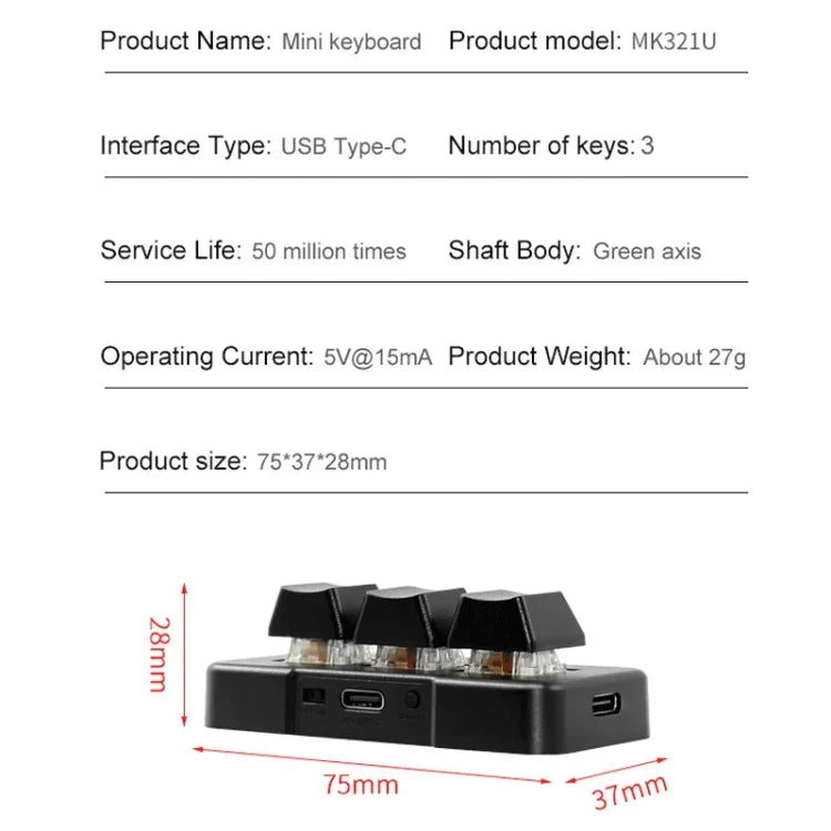 แป้นพิมพ์ MK321 3 ปุ่ม ปรับแต่งได้ สำหรับเกมและออฟฟิศ PS คลิป แมโคร โปรแกรม ความยาวสาย: 1.5m สีขาว สีดำ