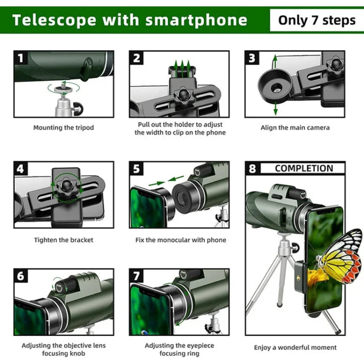 กล้องโทรทรรศน์ตาเดียวกำลังสูง 40X60 สำหรับกลางแจ้งและมองเห็นในที่มืด HD รุ่นมาตรฐาน, รุ่นมาตรฐานพร้อมคลิปอเนกประสงค์และขาตั้งกล้อง