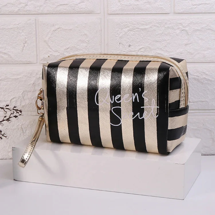 กระเป๋าเครื่องสำอางกันน้ำ PU ลายทางอเนกประสงค์ สีฟ้า สีดำ สีชมพู สีแดงกุหลาบ สีทอง สีเงิน