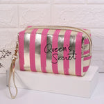 กระเป๋าเครื่องสำอางกันน้ำ PU ลายทางอเนกประสงค์ สีฟ้า สีดำ สีชมพู สีแดงกุหลาบ สีทอง สีเงิน