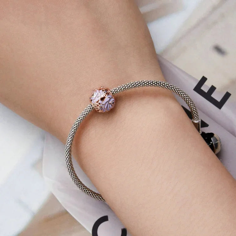 BSC644 ลูกปัดกุหลาบม่วงเงิน S925 ชุบไฟฟ้าแบบกลวง อุปกรณ์ทำลูกปัด DIY BSC644