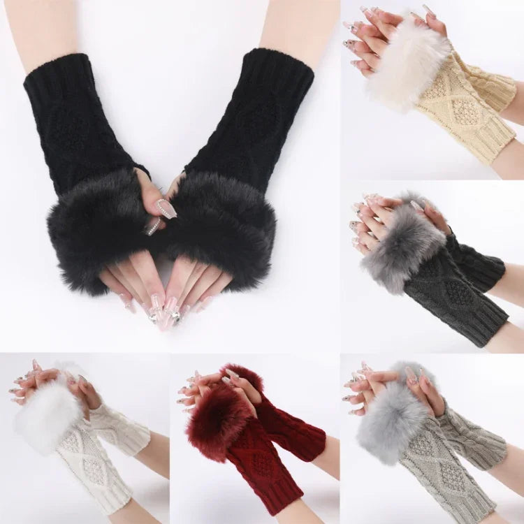 ถุงมือขนสั้นสำหรับผู้หญิง แขนถักเพชรอุ่น ไม่มีนิ้ว สีเบจ เทาเข้ม เทาอ่อน ขาว ดำ แดงไวน์ ทิเบต กาแฟ เขียวขี้ม้า