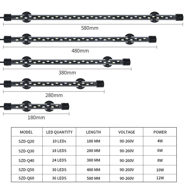 ไฟดำน้ำตู้ปลา LED 90-260V, Q20BW แสงน้ำเงิน+ขาว, Q30BW แสงน้ำเงิน+ขาว, Q40BW แสงน้ำเงิน+ขาว, Q50BW แสงน้ำเงิน+ขาว, Q60BW แสงน้ำเงิน+ขาว, Q20CF แสง RGB, Q30CF แสง RGB, Q40CF แสง RGB, Q50CF แสง RGB