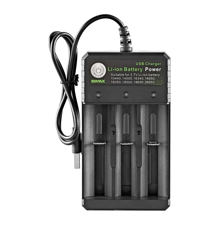 แท่นชาร์จ BMAX 18650 3 ช่อง USB ชาร์จแบตเตอรี่ลิเธียมอิสระ 3.7/4.2V, 3 ช่อง USB (สีดำ)