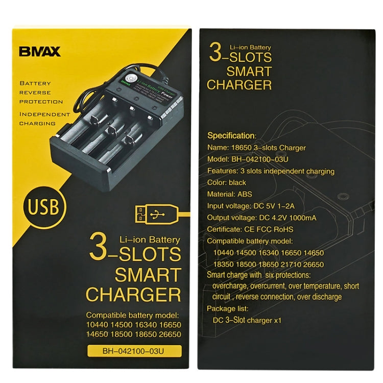 แท่นชาร์จ BMAX 18650 3 ช่อง USB ชาร์จแบตเตอรี่ลิเธียมอิสระ 3.7/4.2V, 3 ช่อง USB (สีดำ)