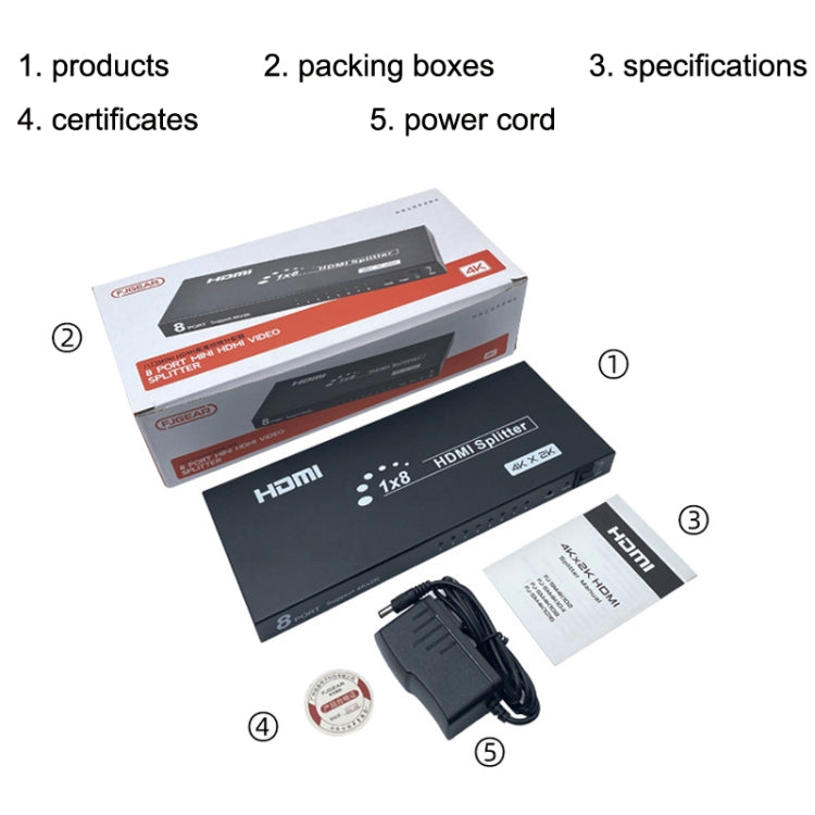 FJGEAR SM4K108 ตัวแยกสัญญาณ HDMI 8 พอร์ต 4K HD เสียงและวิดีโอ ปลั๊ก EU, SM4K108