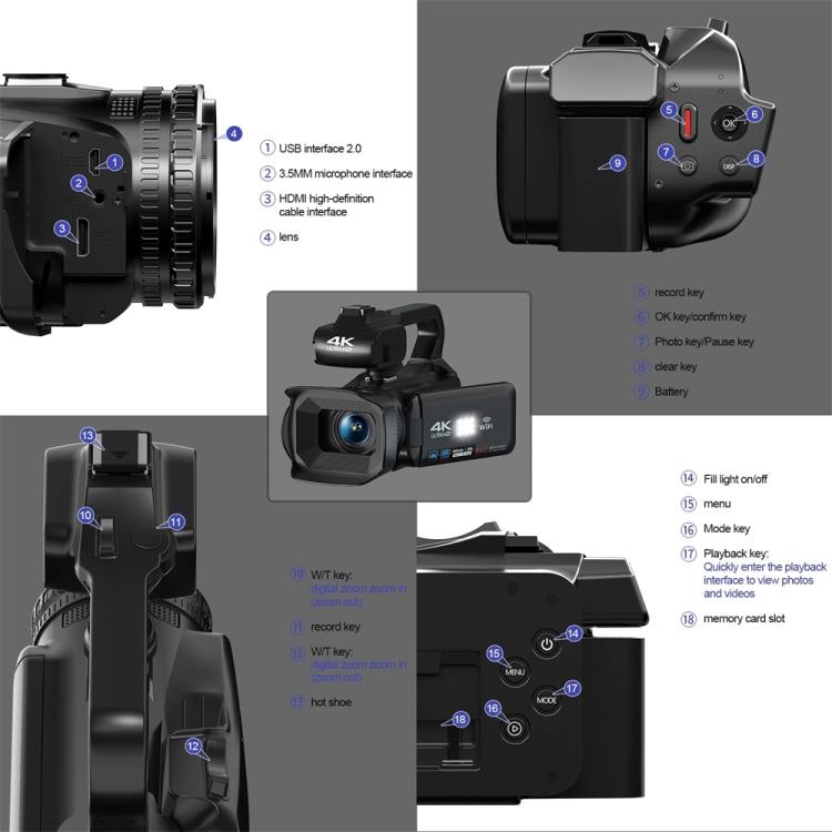 กล้องวิดีโอดิจิทัลมือถือหน้าจอสัมผัส 4 นิ้ว 64MP, 4K 16G, 4K 32G, 4K 64G