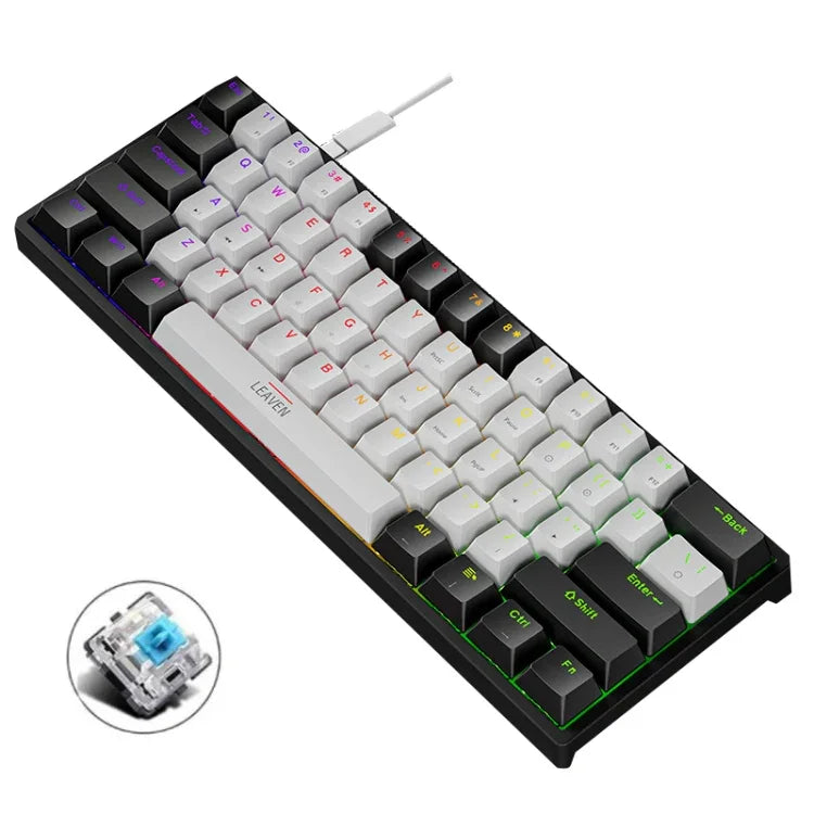 LEAVEN K620 61 Keys Hot Plug-in Glowing Game Wired Mechanical Keyboard, Cable Length: 1.8m, Black Green Shaft, White Green Shaft, Blue Green Shaft, Pink Green Shaft, White Black Red Shaft, Black White Green Shaft, White Black Green Shaft               ...