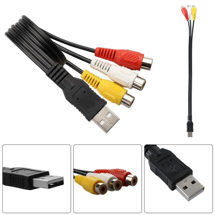 สาย USB เป็น 3 RCA บัส 1 ตัวผู้ 3 ตัวเมีย สายเสียง AV, ความยาว 25 ซม., 1.5 เมตร
