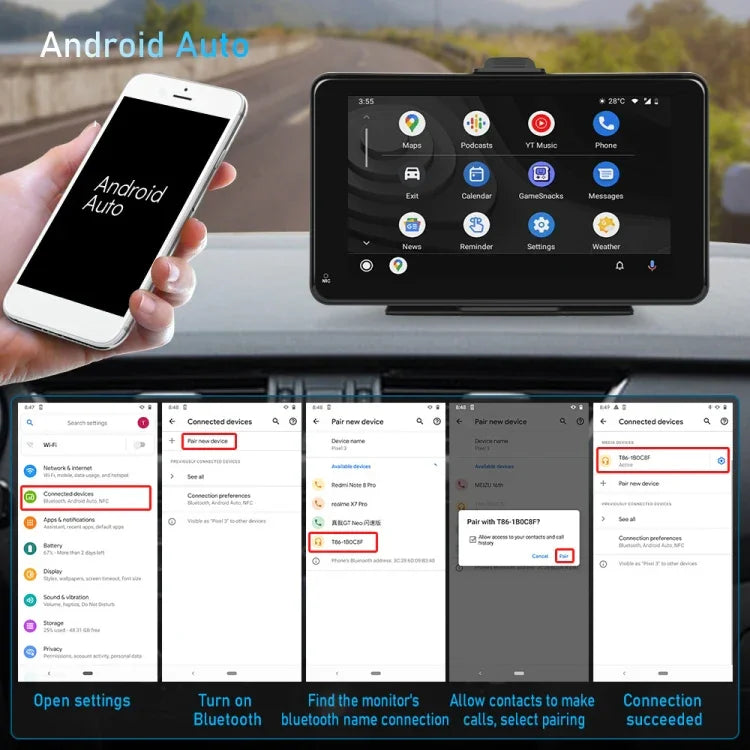 A3135 หน้าจอสมาร์ทแบบมีสาย HD ขนาด 7 นิ้ว พร้อม Wireless CarPlay + Android Auto + Android, ไม่มีกล้อง, พร้อมกล้อง