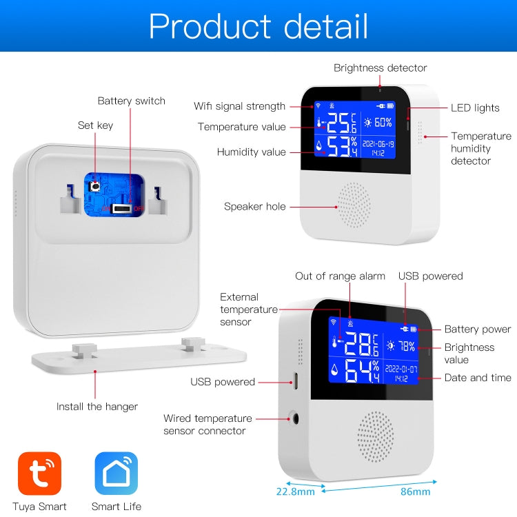 เซ็นเซอร์วัดอุณหภูมิและความชื้น Tuya WIFI พร้อมจอ LCD ขนาด 2.9 นิ้ว, สเปค: เฉพาะเซ็นเซอร์, พร้อมสายเซ็นเซอร์