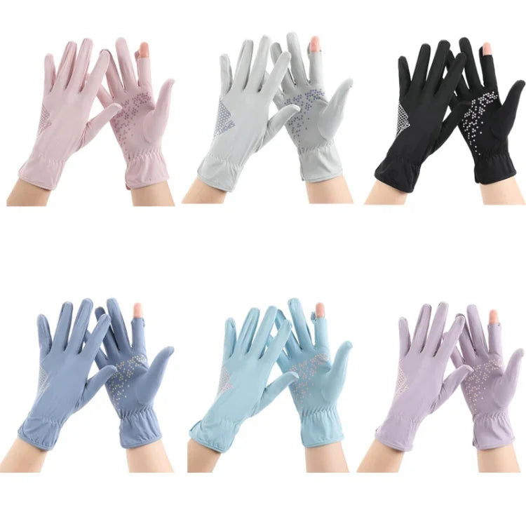 ถุงมือขับรถกันแดดกันรังสีอัลตราไวโอเลตบางระบายอากาศ ผ้าไหมน้ำค้างนิ้วไม่ลื่น ขนาดฟรี