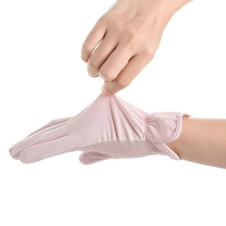 ถุงมือผ้าไหมน้ำค้างกันแดดระบายอากาศบางสำหรับฤดูร้อน ป้องกันรังสีอัลตราไวโอเลต นิ้วมือ ขนาดฟรี