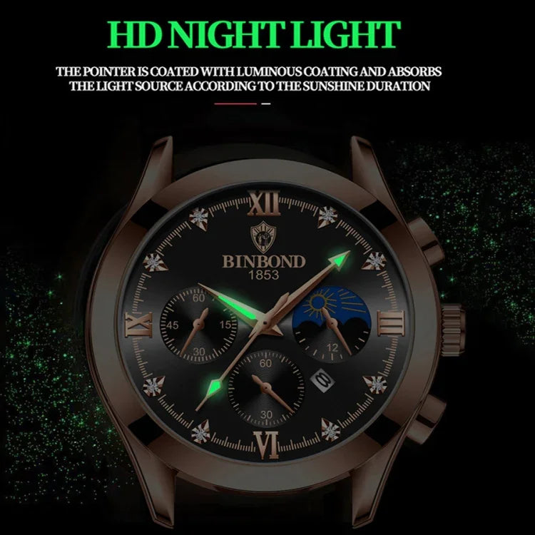 นาฬิกาผู้ชาย BINBOND B3591 กันน้ำ 30m ปฏิทินเรืองแสง เหล็กสีดำ-ดำ หนังสีดำ-ขาว-ดำ หนังสีน้ำตาล-ขาว-ขาว