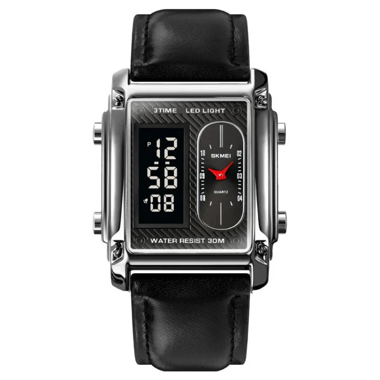 SKMEI 1868 Square Double Display Waterproof Men Watch, Style:, Steel Belt (Black), Leather Belt (Black), Steel Belt (Rose Gold), Leather Belt (Rose Gold), Steel Belt (Gold), Leather Belt (Gold), Steel Belt (Silver), Leather Belt (Silver)