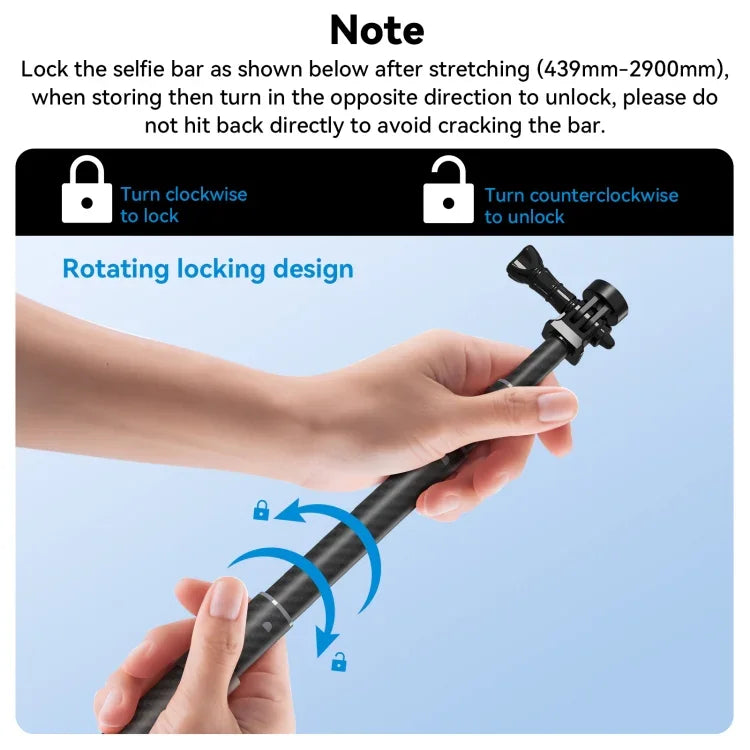 ไม้เซลฟี่ TELESIN 3M คาร์บอนไฟเบอร์ Monopod พร้อมสกรู 1/4 สำหรับกล้องแอคชั่น 3 เมตร