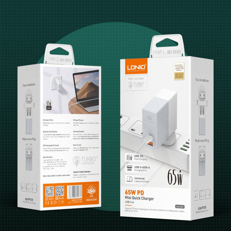 LDNIO A2620C ที่ชาร์จโทรศัพท์แท็บเล็ตอเนกประสงค์ 65W พอร์ต Type-C/USB-C ชาร์จเร็ว ปลั๊ก EU 65W, ปลั๊ก UK 65W, ปลั๊ก US 65W