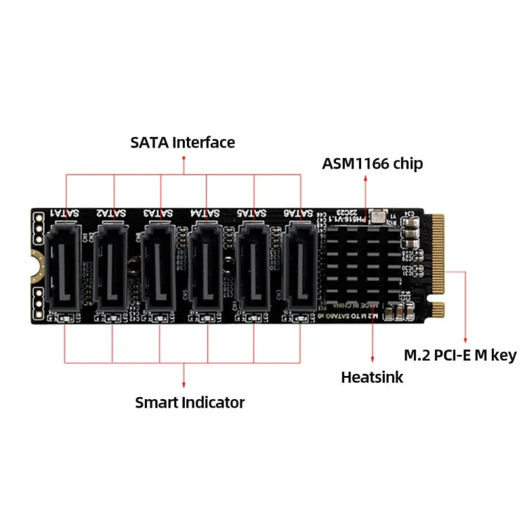 M2 M-EKY PCIE3.0 เป็น SATA6G การ์ดขยายการถ่ายโอน 6 พอร์ต อะแดปเตอร์ขยายฮาร์ดดิสก์, 6 พอร์ต