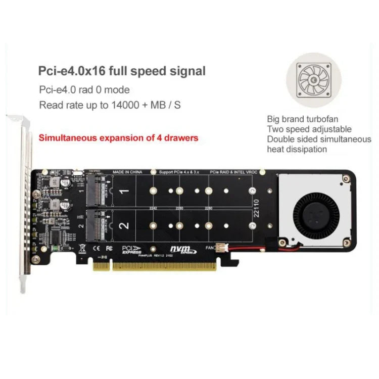 อะแดปเตอร์ขยาย PCI-E X16 เป็น M.2 M-key NVME X4 SSD RAID Array รองรับ 2242/2260/2280/22110, PH44Plus