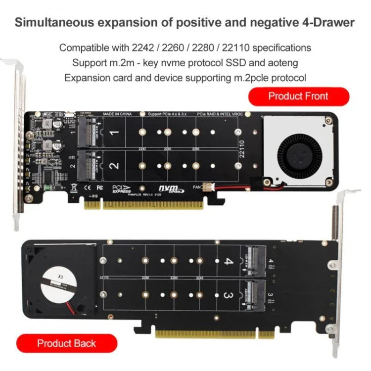 อะแดปเตอร์ขยาย PCI-E X16 เป็น M.2 M-key NVME X4 SSD RAID Array รองรับ 2242/2260/2280/22110, PH44Plus