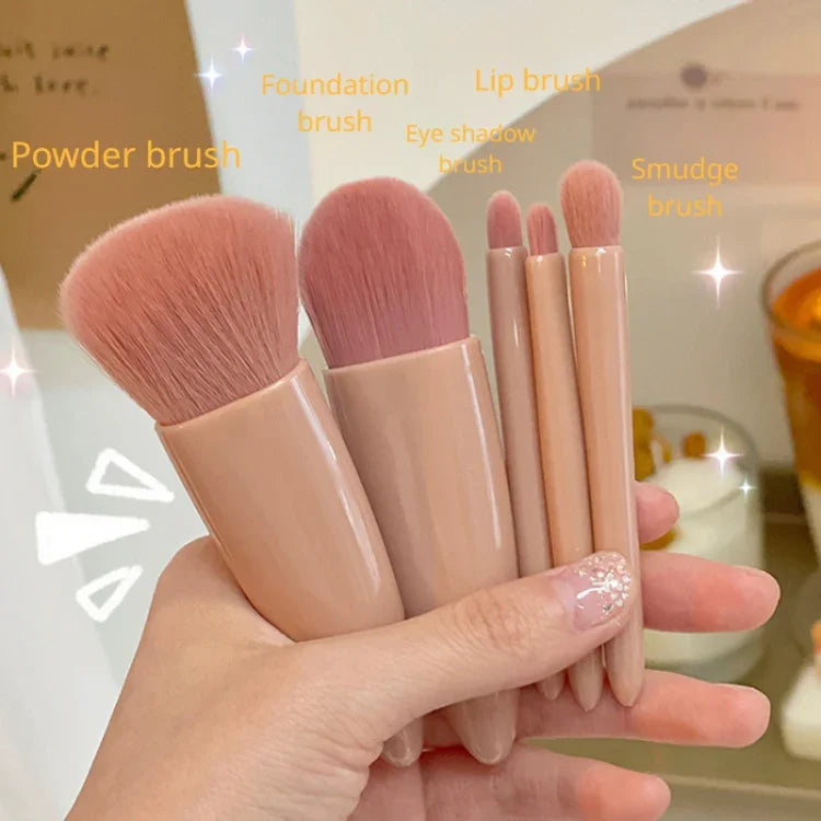 ชุดแปรงแต่งหน้าแบบพกพาขนาดกลาง 5 ชิ้น พร้อมกระจก แปรงแต่งหน้ามัลติฟังก์ชันขนาดเล็ก สีน้ำตาล ชมพูแดง ชมพู เขียวเรืองแสง