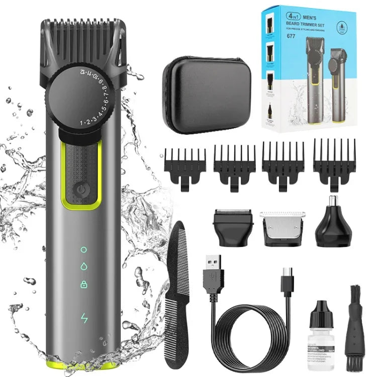 เครื่องโกนหนวดสำหรับผู้ชายอเนกประสงค์กันน้ำ IPX5 4 ใน 1 พร้อมเครื่องตัดขนจมูก ชาร์จ USB, รุ่น 677 4 ใน 1