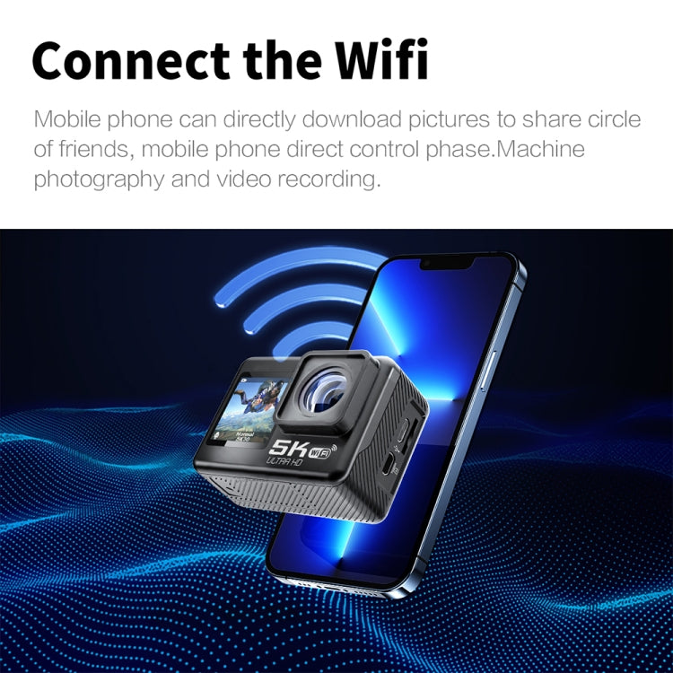 กล้องกีฬากันน้ำ IP68 หน้าจอคู่สัมผัสระยะไกล WIFI HD 5K/30FPS ป้องกันสั่น พร้อมการ์ด 64G หรือ 128G
