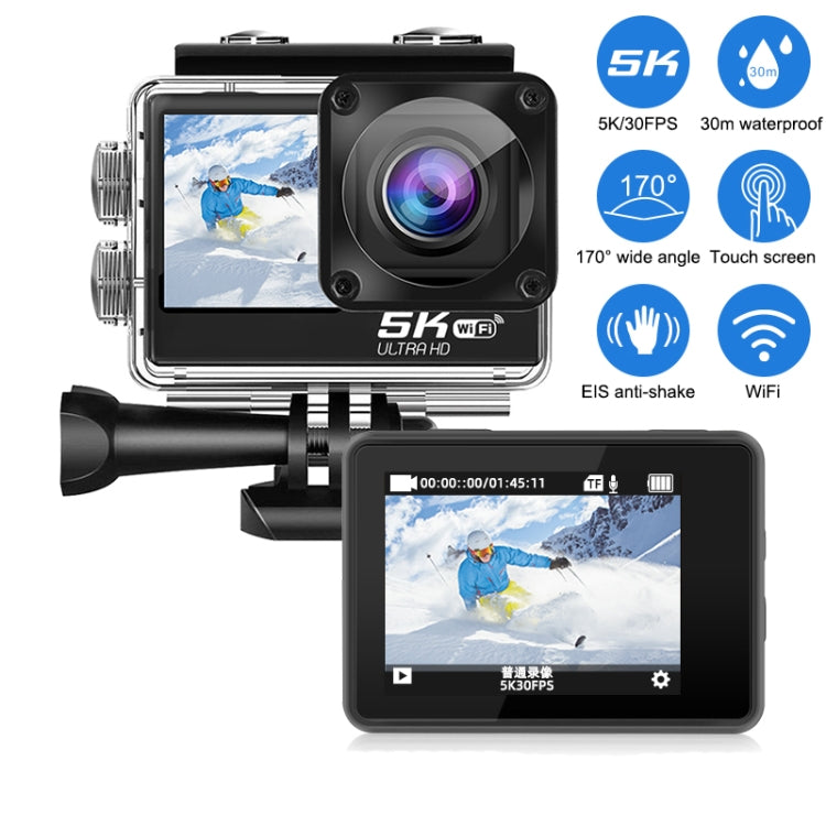 กล้องกีฬากันน้ำ IP68 หน้าจอคู่สัมผัสระยะไกล WIFI HD 5K/30FPS ป้องกันสั่น พร้อมการ์ด 64G หรือ 128G