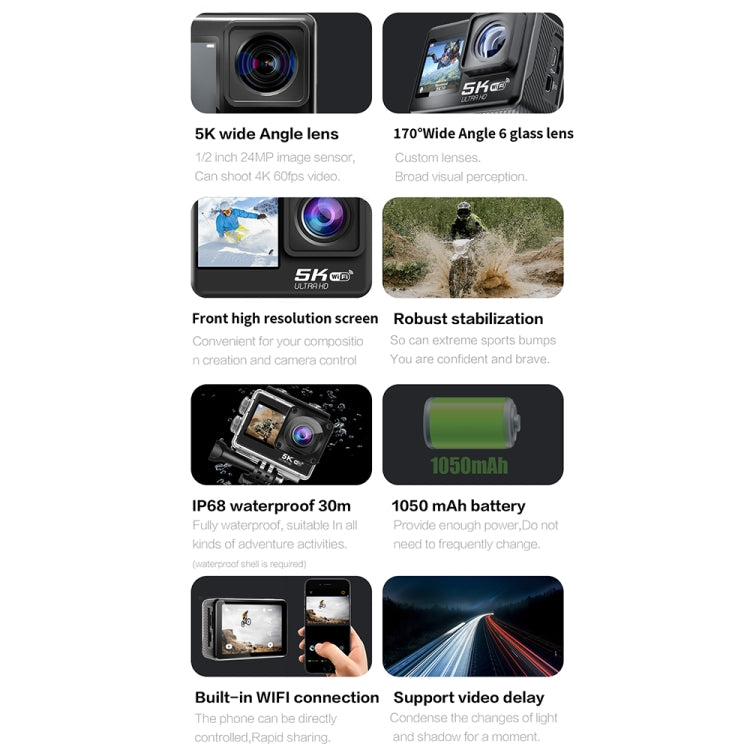 กล้องกีฬากันน้ำ IP68 หน้าจอคู่สัมผัสระยะไกล WIFI HD 5K/30FPS ป้องกันสั่น พร้อมการ์ด 64G หรือ 128G