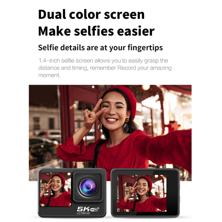 กล้องกีฬากันน้ำ IP68 หน้าจอคู่สัมผัสระยะไกล WIFI HD 5K/30FPS ป้องกันสั่น พร้อมการ์ด 64G หรือ 128G