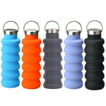 แก้วน้ำซิลิโคนพับได้แบบเทเลสโคปิก 500 มล. สำหรับกีฬากลางแจ้ง พร้อมฝามือจับสีฟ้า, สีส้ม, สีเทา, สีม่วง, สีดำ